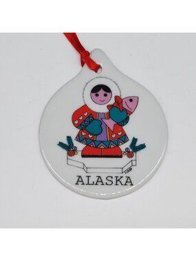 Alaska Souvenir Ceramic Ornament Red Ribbon Snowflake Fish Christmas Holiday